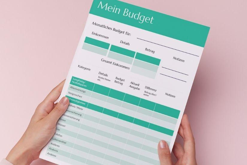 Beginne damit, ein monatliches Budget zu erstellen, das all deine Einnahmen und Ausgaben klar darstellt. Tabelle mit einem Beispiel eines einfachen monatlichen Budgets